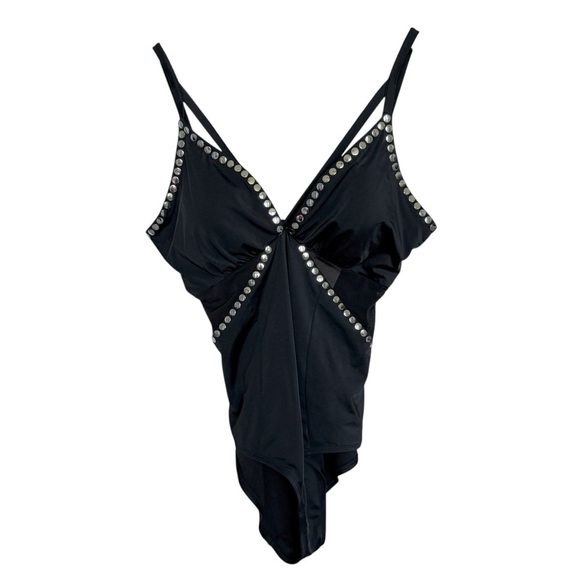 Moxi Blu Women's 2XL Black Studded One-Piece Swimsuit V-Neck Mesh Sides Beach - Picture 1 of 13